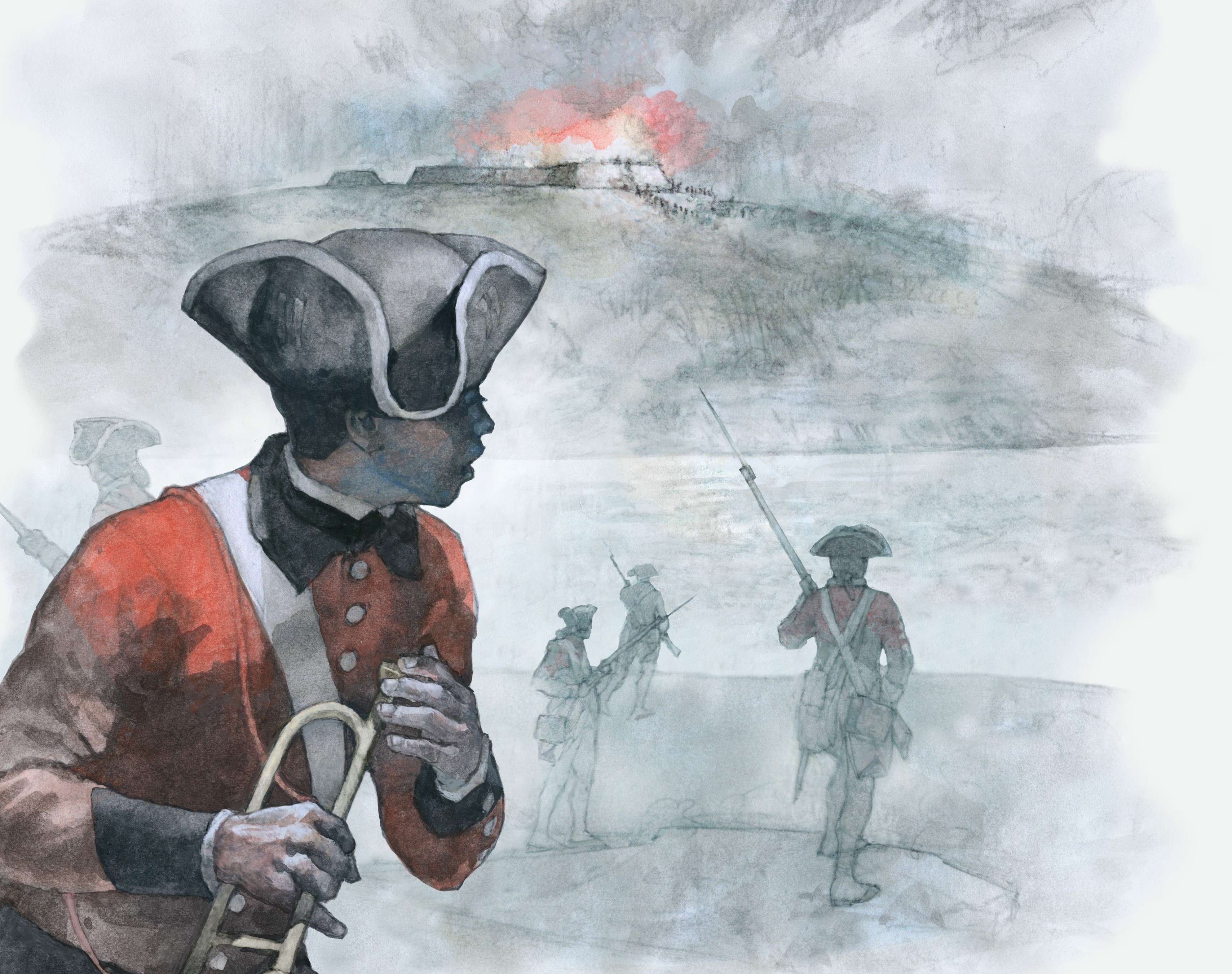 A watercolor depicts London, a person of African descent, with his trumpet lowered in his right hand. He is looking over his left shoulder toward a hill. On top of the hill, there is a fire and smoke. Running toward the hill are four British soldiers with their rifles pointed.