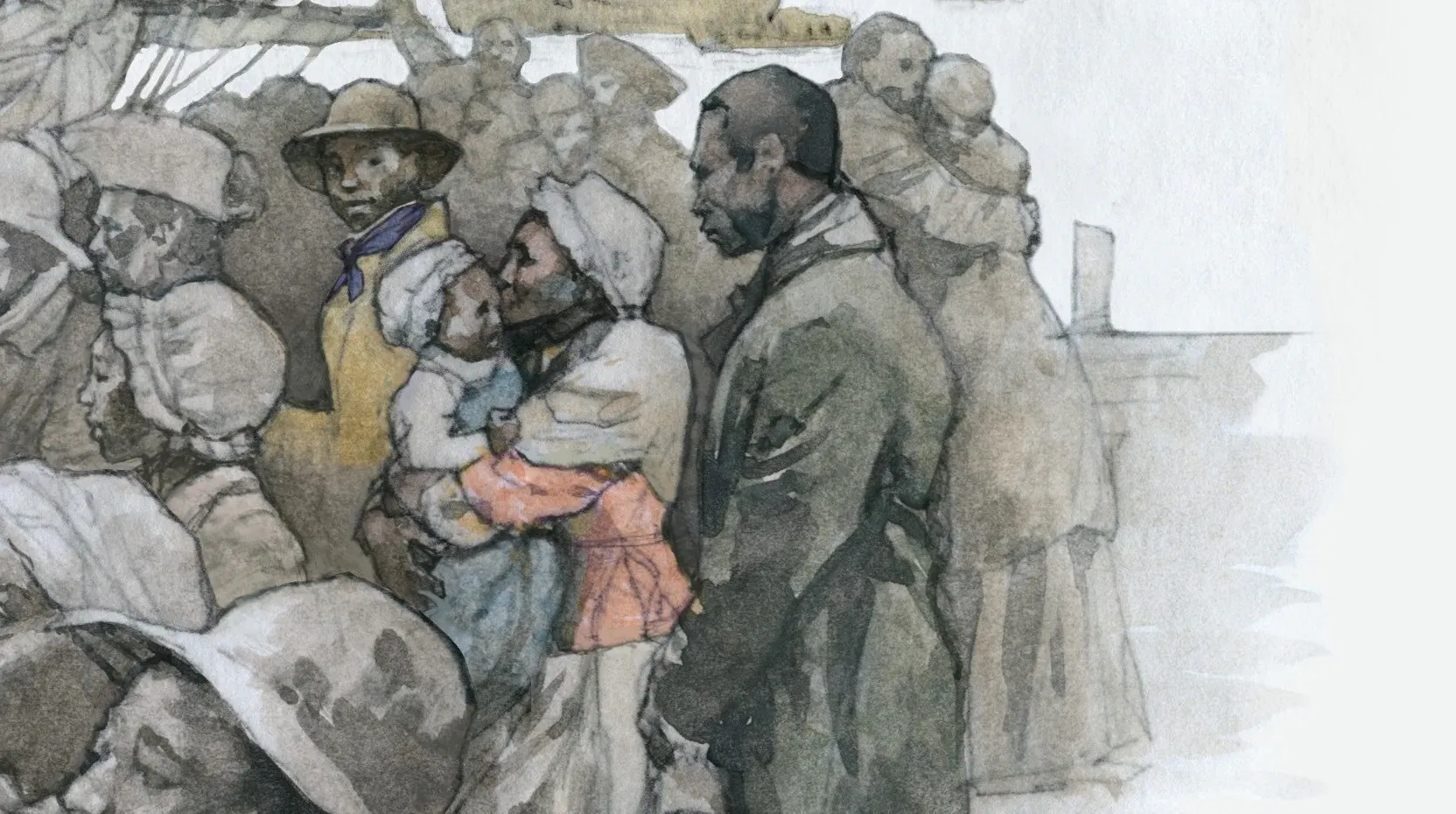 A watercolor depicts a group of people of African descent talking to British soldiers on a dock. There are ships sailing in the background.