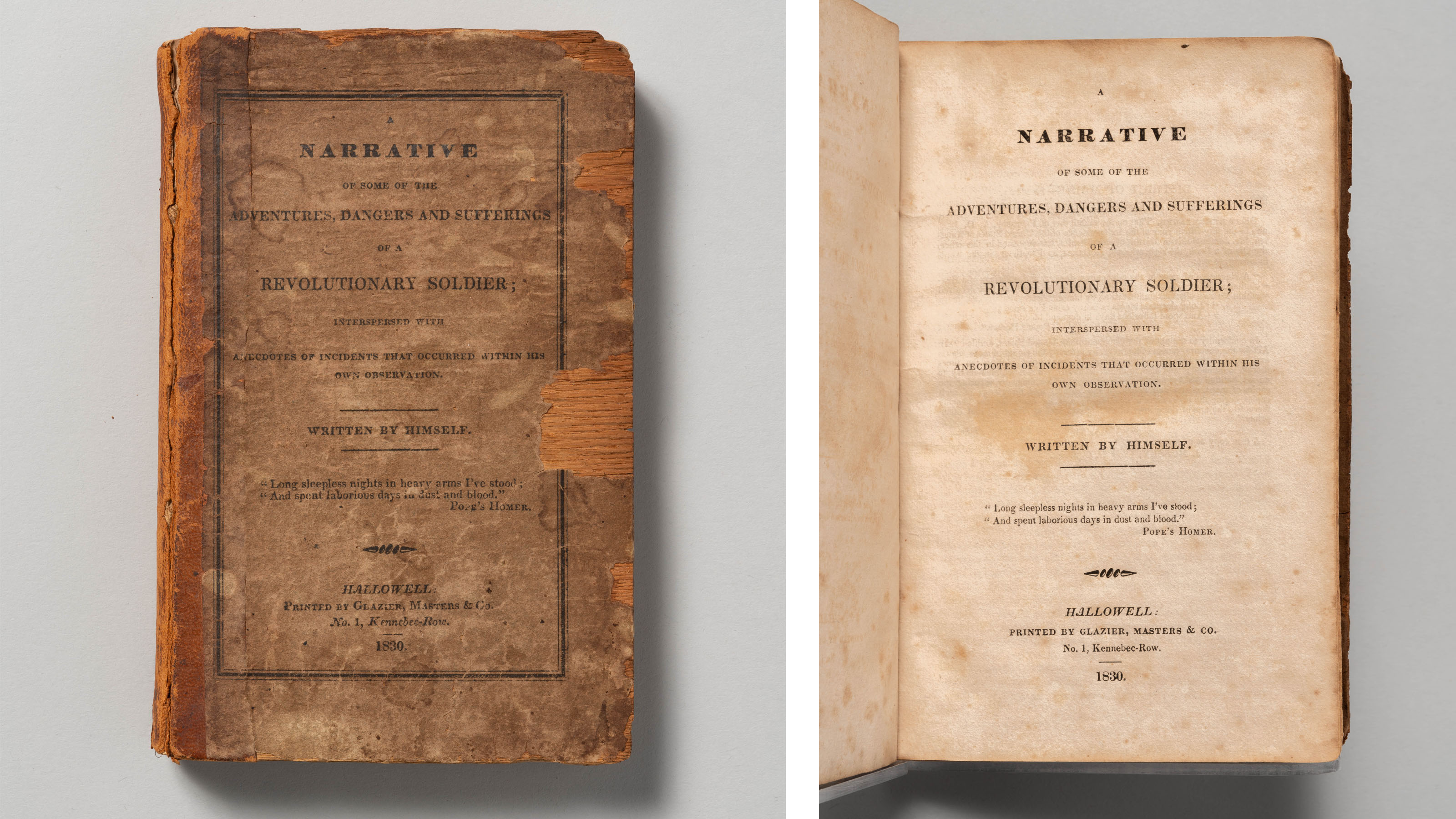 This image shows the front cover of Joseph Plumb Martin's memoir in aged dark brown with black text to the left, and to the right is the book open to the title page with aging beige color paper and black text, as seen in Ken Burns' documentary "The American Revolution".